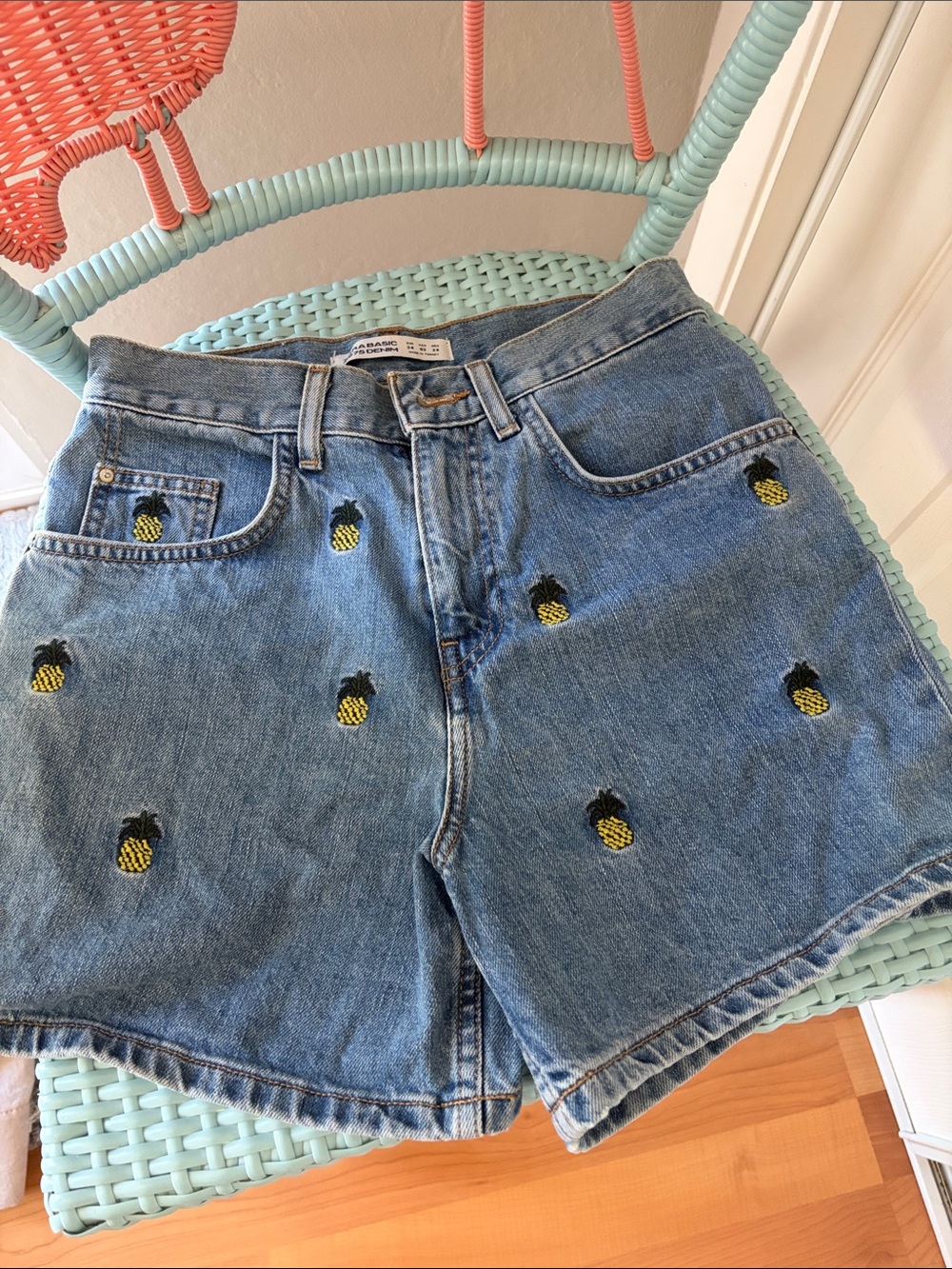Zara Light Blue Denim Shorts with Yellow Pineapple Embroidery
